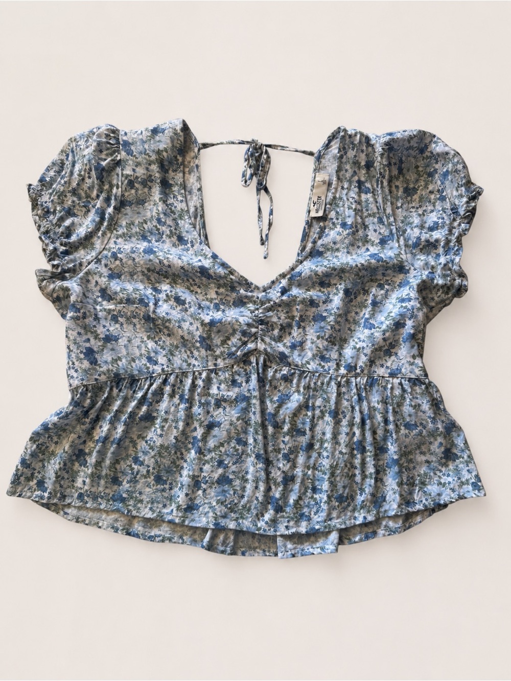 Hollister Blue Floral Peplum Top Puff Sleeve Cottagecore Blouse Large